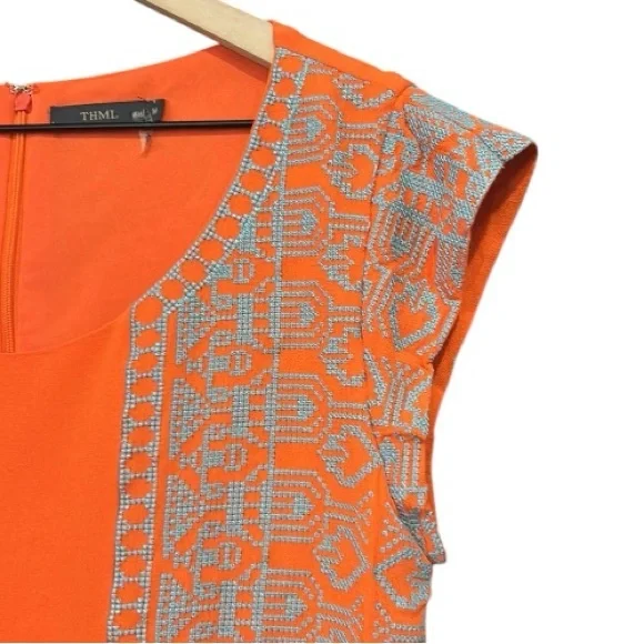 THML Embroidered Short Sleeve Boho Mini Tunic Dress Coral Size Medium - Picture 6 of 12